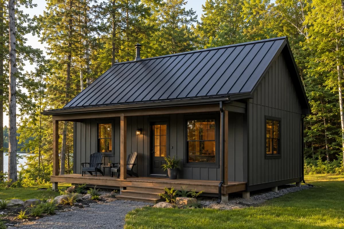 Standing seam metal roof on a Minnesota cabin surrounded by pine trees