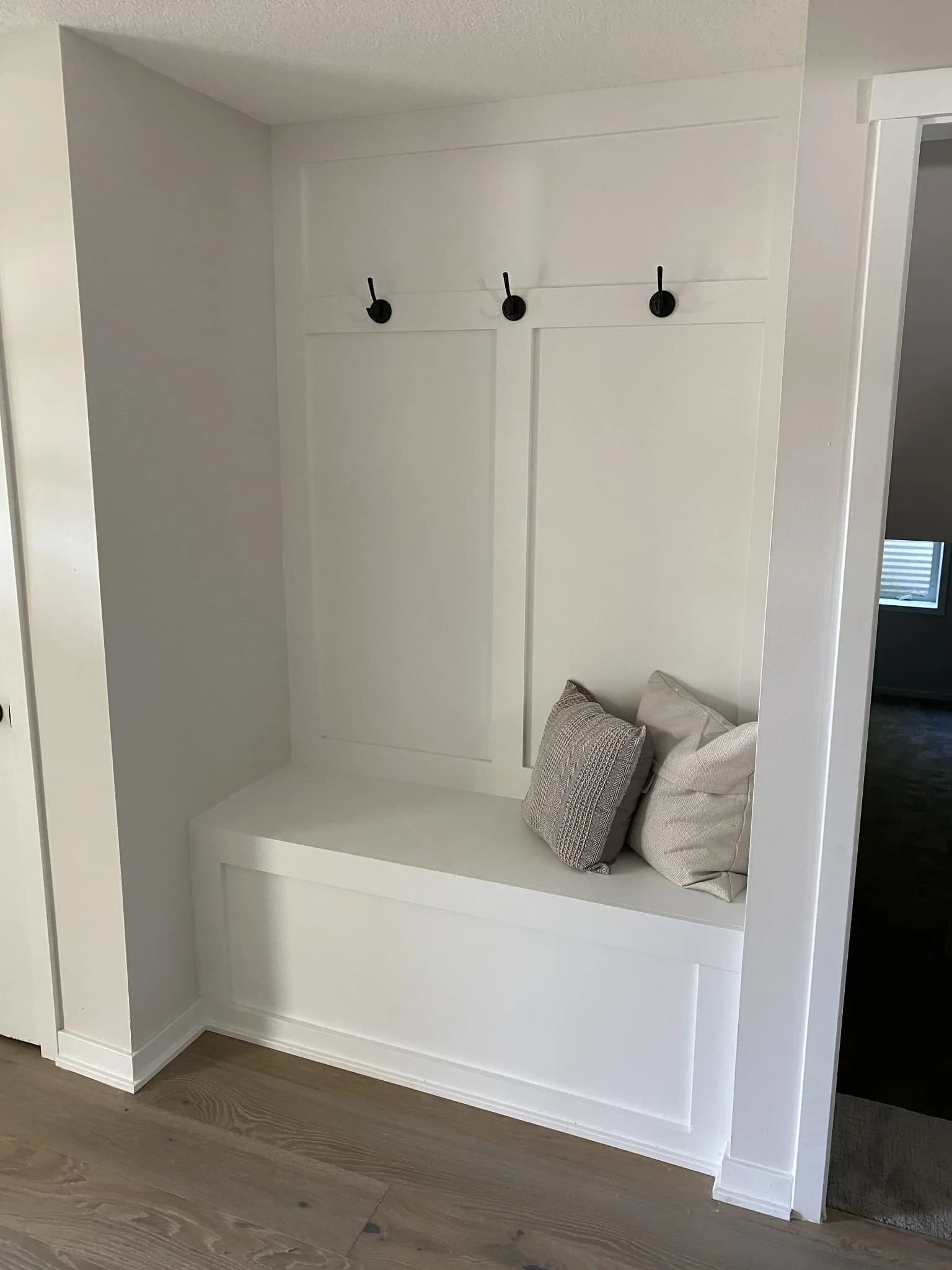 Hugo MN built in mudroom bench carpentry