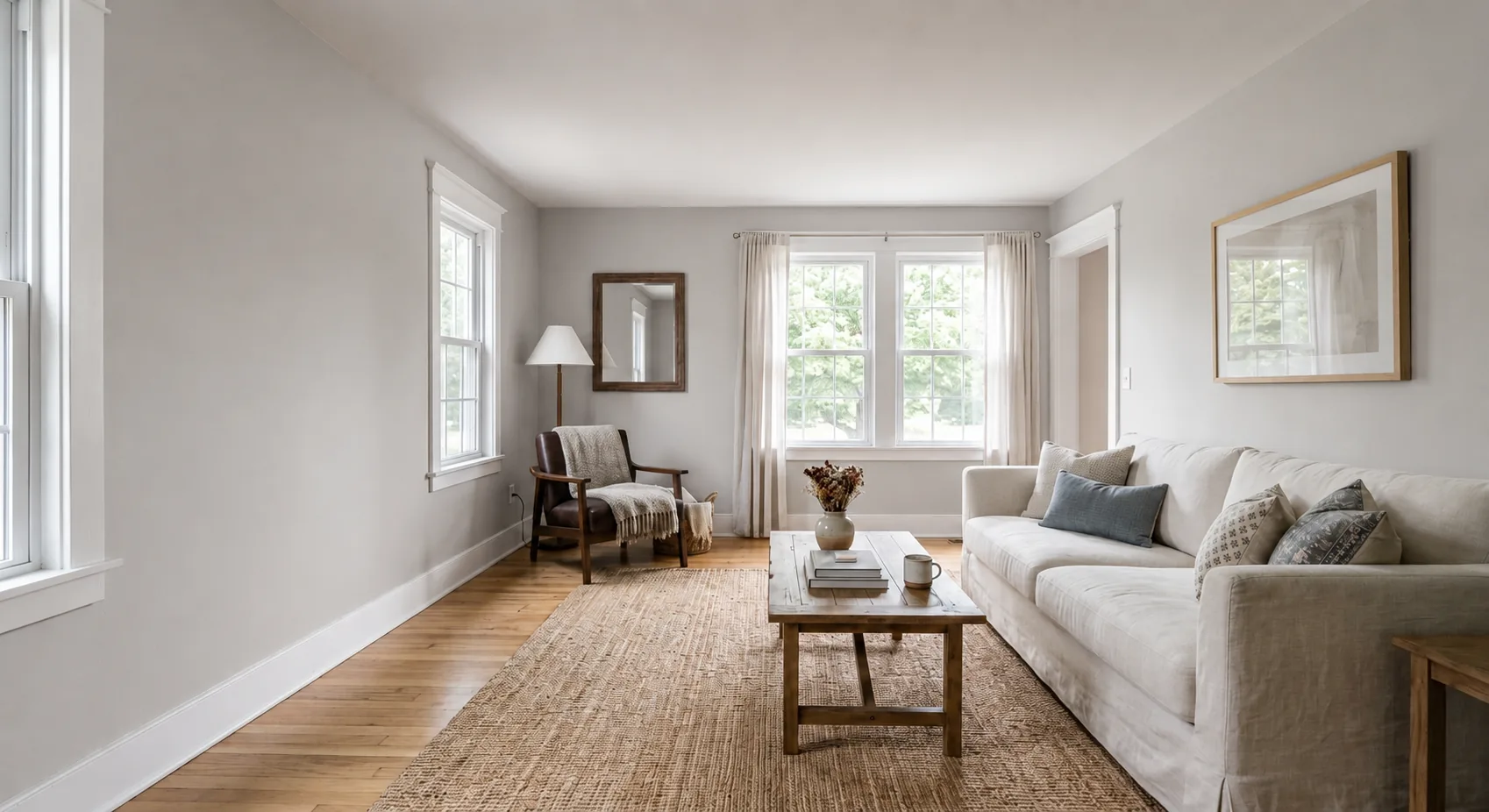 Living room with light grey walls painted by Curb Appeal Remodeling